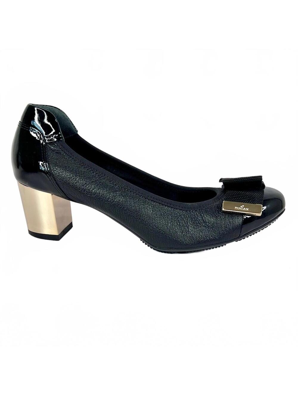 Hogan Size 5 Leather Pump Gold Tone Metallic Block Heel, Fabric Bow Metal Edges